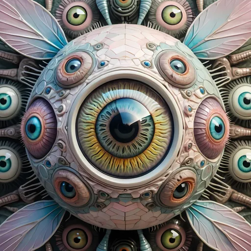 Prompt: A surreal extremely hyper realistic super textural psychedelic geometric eyeball creature with insect wings, pastel light colors,  lots of crazy trippy psychedelic human eyes, human teeth, organic and mechanical, multidimensional, weird surreal unsettling odd