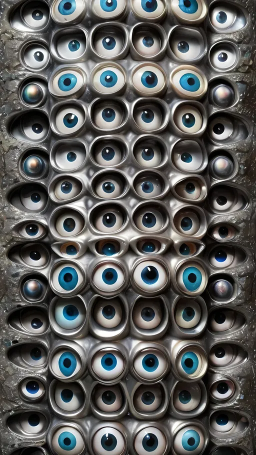 Prompt: An extremely hyperrealistic weird surreal trippy psychedelic silver-based lifeform,  eyes! lots of crazy multicolored compound psychedelic human eyes, rows and rows of human teeth, lips, and tongues, silver colors, vibrant shiny grays, whites, and hints of blues, metallic sheen, silver patina, tarnishing, intricate patterns, cubic crystal structures, highly reflective surfaces, conductive, malleable, ductile, surreal, organic shapes, flowing forms, liquid silver, solid silver, corroded textures, tarnished surfaces, electrical conductivity, thermal conductivity, chemical reactivity, environmental interaction, metallic luster, high reflectivity, surrealistic, biomorphic, complex symmetry, iridescent, vibrant hues, reflective surfaces, intricate details, organic textures, psychedelic elements, dynamic, mesmerizing, otherworldly, intricate, detailed, vibrant, surreal, biomorphic, organic, metallic.
 extreme organic and metallic textures
