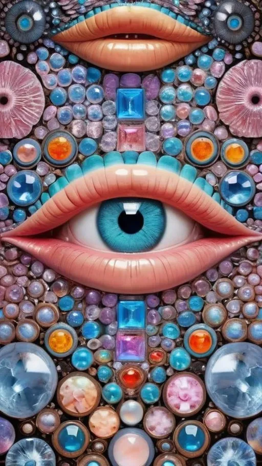 Prompt: Create an extremely hyper-realistic, ultra super textural, weird, trippy, surreal, psychedelic eyes/teeth/mouth pattern/design based on Mandelbrot & “Op Art tiling” with lots of human eyes (crazy colorful compound psychedelic), rows of human teeth, human lips, and tongues. 

- **Colors**: determined by the properties and expressions of the elements (& their isotopes), minerals, and metals: opal, moonstone, Kunzite, selenite, rose quartz, Platinum (Pt)

**Shapes and forms**
- Mandelbrot 
- "Op Art tiling" 
-other shapes determined by the natural properties and expressions of the elements (& their isotopes), minerals, metals, and biological organisms: opal, moonstone, Kunzite, selenite, rose quartz,  Platinum (Pt)


- **Textures**: Derived from any/all elements (& their isotopes), minerals, metals, crystals, organic things mentioned in this prompt: opal, moonstone, Kunzite, selenite, rose quartz, Platinum (Pt)

**Composition and Layout**:
- a pattern/design based on the Op Art tiling & Mandelbrot 

**Lighting**:
- lots of bright light
- Iridescence
- Aventurescence
- Chatoyancy
- Asterism

**Detail and Atmosphere**:
- Extreme hyperrealistic sharp high detail high definition organic and mineral textures
- Psychedelic, weird, odd, surreal atmosphere
- Frozen in time

**Additional Elements**:
- extra rows of teeth, lips, many eyes, Op Art tiling, Mandelbrot, Iridescence
