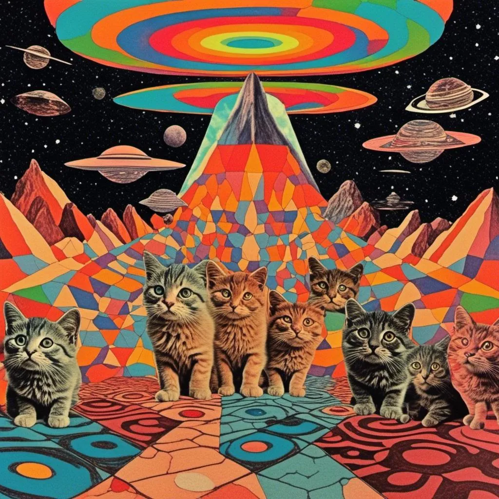 Prompt: a psychedelic collage with a vintage 70s sci-fi animation feel to it except the subject matter will be CATS IN SPACE! The collage will have elements of photography, illustration, trippy patterns and optical illusions, alien landscapes, strange trippy planets, UFOs,, meteors, all cut and spliced together in a psychedelic collage style <mymodel>