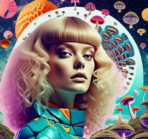 Prompt: a psychedelic collage reminiscent of 70s psychedelic sci fi collage artwork celebrating a girl on mushrooms. It is to feature a photograph of a woman with blond curly hair that is edited by splicing it with other images from photographs, magazines, newspapers, illustrations/paintings to create the impression she is high on magic mushrooms. The work will include such elements as a psychedelic 3rd eye open, stars and planets, trippy optical illusions and patterns, psilocybin cubensis mushrooms, fractals, UFOs, aliens, geometric shapes, auras, rainbow spectrums, sacred geometry, trippy drippy stuff, psychedelic hallucinations, open eyes, landscapes of astral worlds<mymodel>