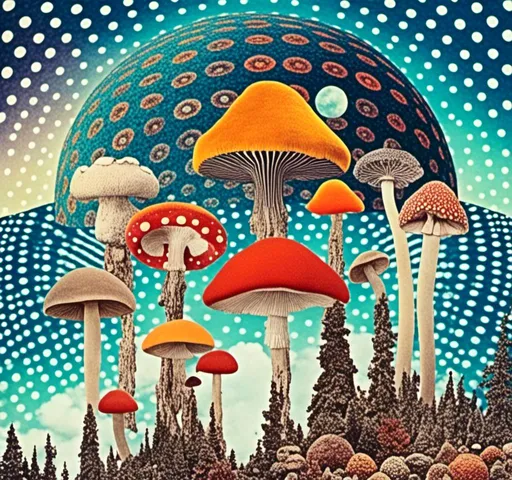 Prompt: <mymodel>Retro psychedelic collage of vibrant, 70s-inspired fungus, mushrooms, vibrant colors and patterns, surreal collage cut and paste composition, landscapes, trippy patterns, optical illusions, planets vintage analog texture, high quality, retro, psychedelic, vibrant colors, surreal, vintage, analog texture, detailed patterns, artistic