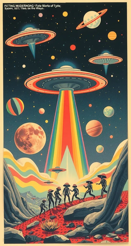 Prompt: <mymodel> Vintage 70s psychedelic surreal sci-fi Collage, analog, cut & paste, outer space, rainbows, spectrum, optical illusions/trippy patterns, surreal alien landscapes, UFOs, « little green men », psilocybin mushrooms, geometric shapes , planets, orbs, black night sky with stars, in the center