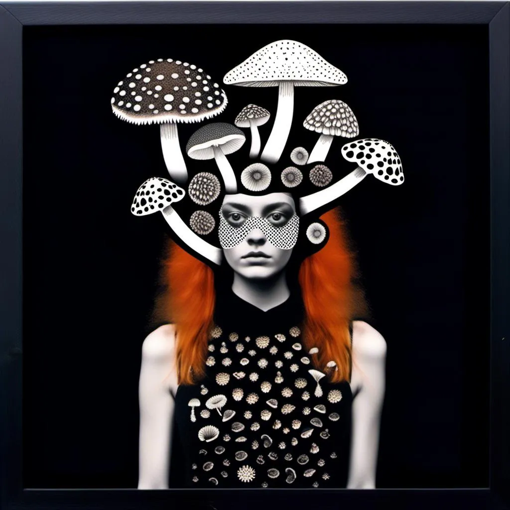 Prompt: a mixed media collage of a girl wearing or growing mushrooms/fungus as clothing body parts and accessories. She is a black and white or halftone photograph, the mushrooms and fungal growths are to be mixed media, including but not limited to paint, enamel, foils, glitter, sparkle, sequins, found objects, natural items, rhinestones etc <mymodel>