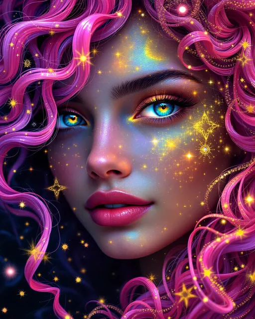 Prompt: Her face is a modular masterpiece—cheekbones traced with the shimmer of moonshine symmetry, every angle tuned to a hidden harmonic. Newton fractal veins glow faintly beneath translucent skin, shifting in color with each emotion. Her eyes burn with prime number fire, irises tiled in Penrose symmetry, blinking with curved light logic. Laughter echoes in Hilbert paths across her cheeks—space-filling joy spirals, soft and bright. Hair spills around her in radiant pink curls, styled by quasiperiodic forces and recursive wave equations—each strand flowing in luminous fractal tension. Geometry pulses at the hairline, recursive symbols glinting in neon mathdust. She is wrapped in hyperbolic aura-rings, layered in color-feedback like living topology, her presence refracting sacred math through joy, emotion, and colorfields.”

⸻

Visual Keywords:
Modular face symmetry, Newton glow skin, Penrose-tiled irises, Hilbert smile trails, pink recursive curls, fractal symbol halo, hyperbolic color aura, neon mathdust, prime fire eyes