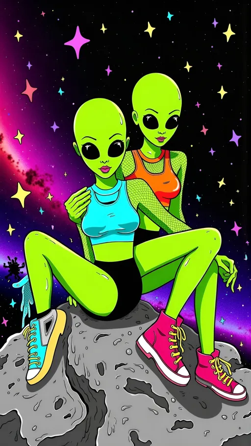 Prompt: Create an image of two female aliens, each with green skin, conical shaped bald heads, and large solid black almond shaped eyes, playfully side hugging on a rugged asteroid in space. Both are dressed in tight, shimmering crop tops with fishnet sleeves and short shorts, exuding a fun and carefree vibe. One alien is wearing knee-high boots with metallic accents, while the other sports ankle boots with bright neon laces. Their arms are wrapped around each other, and they are laughing, showcasing their playful friendship. The cosmic background is filled with stars and distant galaxies, but the entire scene is infused with digital chaos. Glitches ripple across the image, with pixelated distortions and colorful digital noise creating a dynamic, otherworldly atmosphere. The asteroid and their forms seem to flicker and shift, as if caught in a digital transmission error.