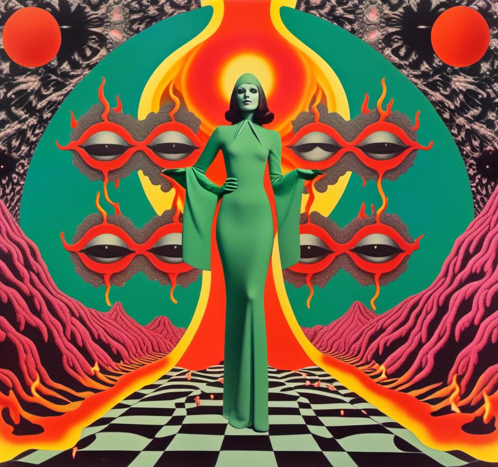 Prompt: a vintage surreal 70s psychedelic collage with the theme of hell, the fires of hell, the devil, and a succubus clothed in smoke fire and latex dancing. Utilize photography and art, trippy psychedelic patterns/optical illusions, orbs, flames, surreal hellish landscapes and geometry with a vintage 70s art house science fiction feel to this cut and paste surreal trippy collage <mymodel> 