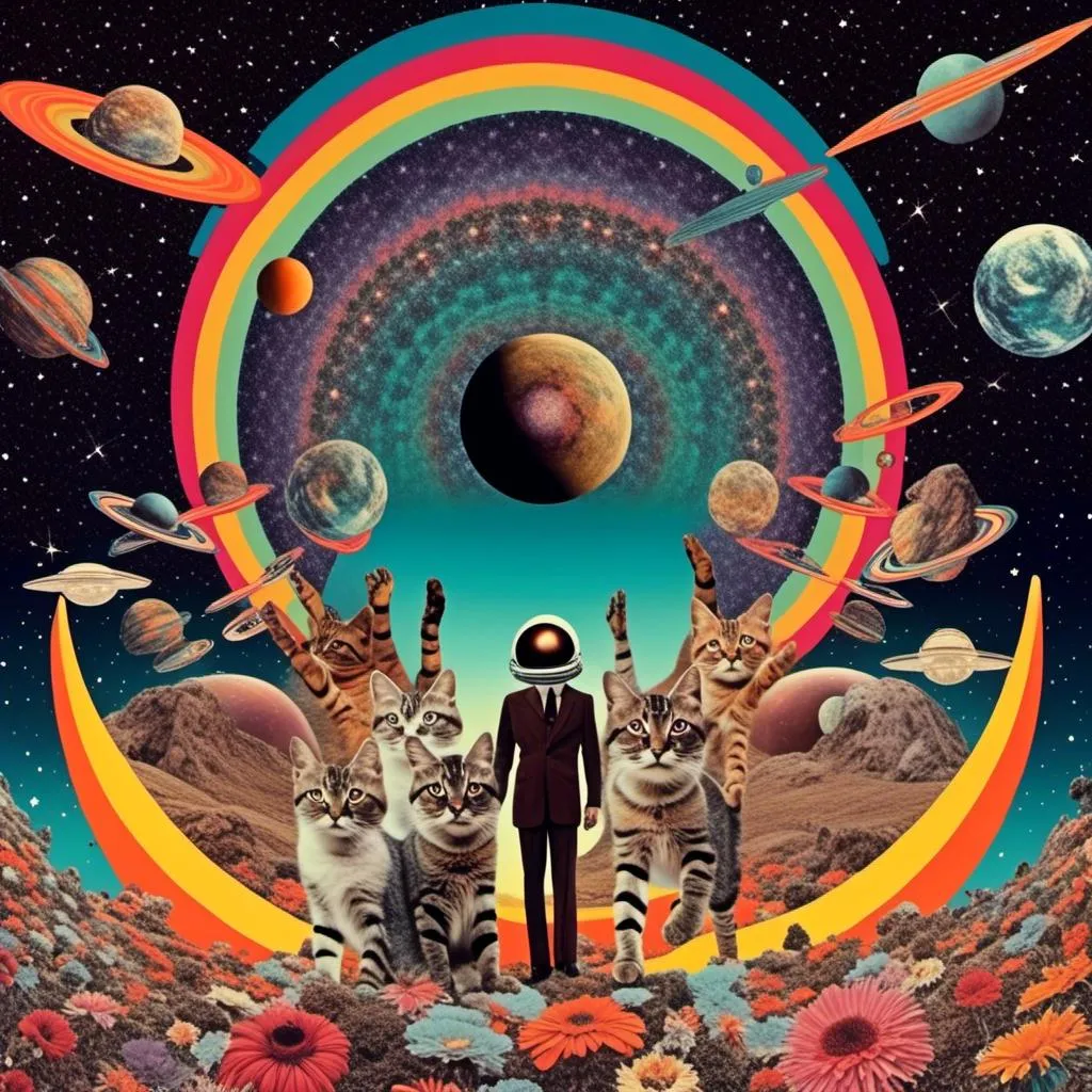 Prompt: a psychedelic collage with a vintage 70s sci-fi animation feel to it except the subject matter will be CATS IN SPACE! The collage will have elements of photography, illustration, trippy patterns and optical illusions, alien landscapes, strange trippy planets, UFOs,, meteors, all cut and spliced together in a psychedelic collage style <mymodel>