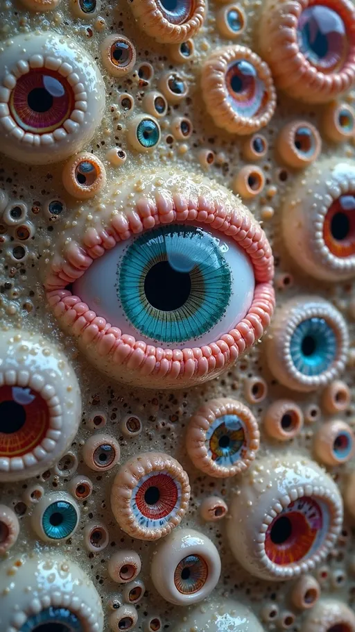 Prompt: an extremely hyper realistic ultra super textural weird trippy surreal psychedelic entity, white, translucent, clear, bright bright pastel colors, oil slick rainbow sheen effect, lots and lots of light, lots of crazy colorful compound psychedelic human eyes, rows of human teeth, fungus, atoms, diatoms,