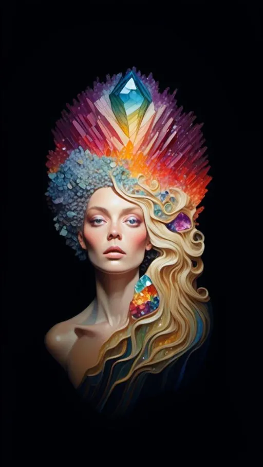 Prompt: <mymodel>Blonde woman with long curly hair, giant gem set eyes, psychedelic hallucination, rainbow fractals, geometry, inlaid precious gemstones, crystals, high quality, surreal, gemstone mosaic, detailed hair, vibrant colors, hallucinatory atmosphere, mesmerizing, otherworldly, natural lighting