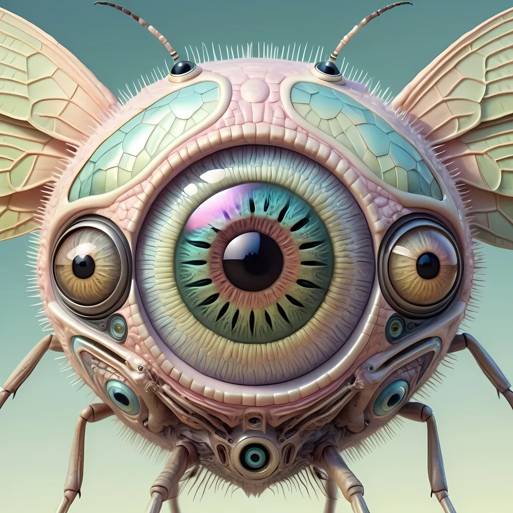 Prompt: A surreal extremely hyper realistic super textural psychedelic geometric eyeball creature with insect wings, pastel light colors,  lots of crazy trippy psychedelic human eyes, human teeth, organic and mechanical, multidimensional, weird surreal unsettling odd