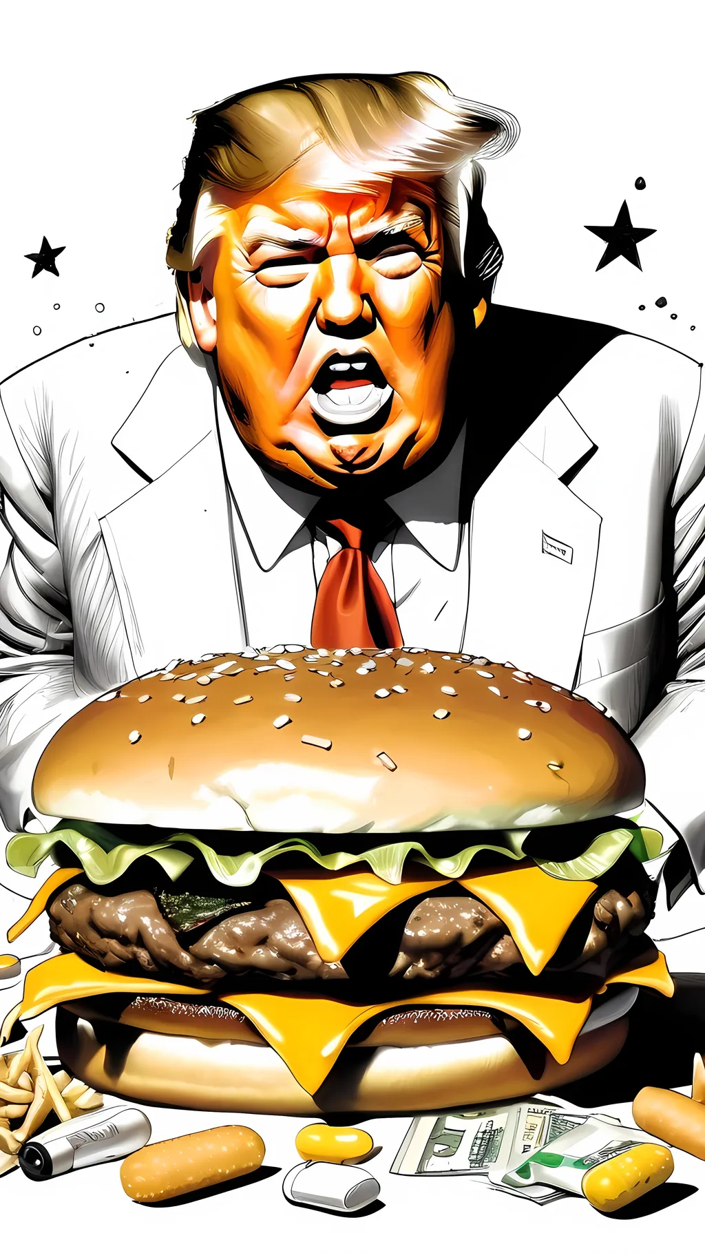 Prompt: a grotesque Ralph steadman political illustration of a fat gross disgusting vile  Donald Trump, extremely busy composition, (USA, America, Stars and Stripes, poop, tacky gold accents, hamburgers, French fries, adderall pills, Diet Coke, sharpie, bleach, money, greed, anger, rage, hate)