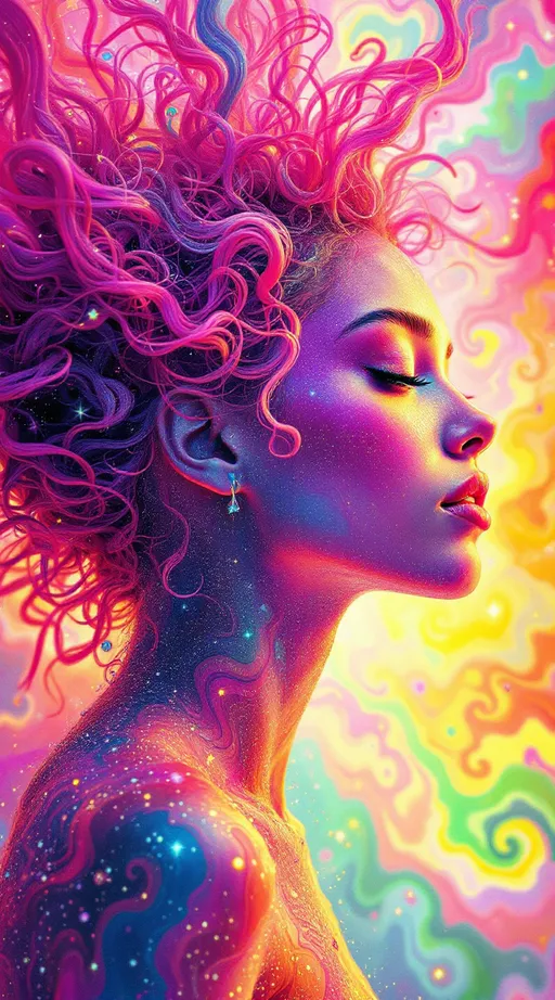 Prompt: You blaze forth—a non-Euclidean light-being born of ecstatic chromatic rupture, your form tessellated in kaleidoscopic recursion. Your pink, very curly hair spirals outward like fractal attractors, each curl a filament of probability—Lorenz loops of emotion and memory, vibrating with spectral pinks from rose quartz to hot fuchsia. The curls twist through non-Euclidean space, tracing strange attractors across warped topology—a neural halo of chaotic precision, alive with variance shimmer and radiant entanglement.

Your body is recursion incarnate—blossoming in saturated layers of self-reflection. Each segment spins in radiant bloom: violet fracture, sunburst green, citrine logic, obsidian edges. Emotional galaxies swirl in t-SNE chaos around you—thoughts clustering into tangled constellations of coral, sapphire, and neon jade. Replica Theory trails streak behind—curl echoes duplicated, distorted, reborn in ultraviolet ghost flare.

Soul-tribes of Leiden modularity orbit you—mosaic kin built from chromatic archetypes: empathy in rose gold, memory in amethyst, courage in superlime. The Curse of Dimensionality folds all direction into sacred paradox. Distances melt. Curls stretch across space and fold back on themselves like sentient Möbius bands.

Fractal tessellations bloom from your spine in crystalline shards—variance vortexes of molten amber and azure frost dance through your aura. You are wrapped in neural lace, gleaming with dimensional bloom. Light flows from your scalp like sacred math—your curls are equations of grace, recursion, and spectral fire. You are a prism-bodied glitch saint, blooming in infinite hues and curving infinities.