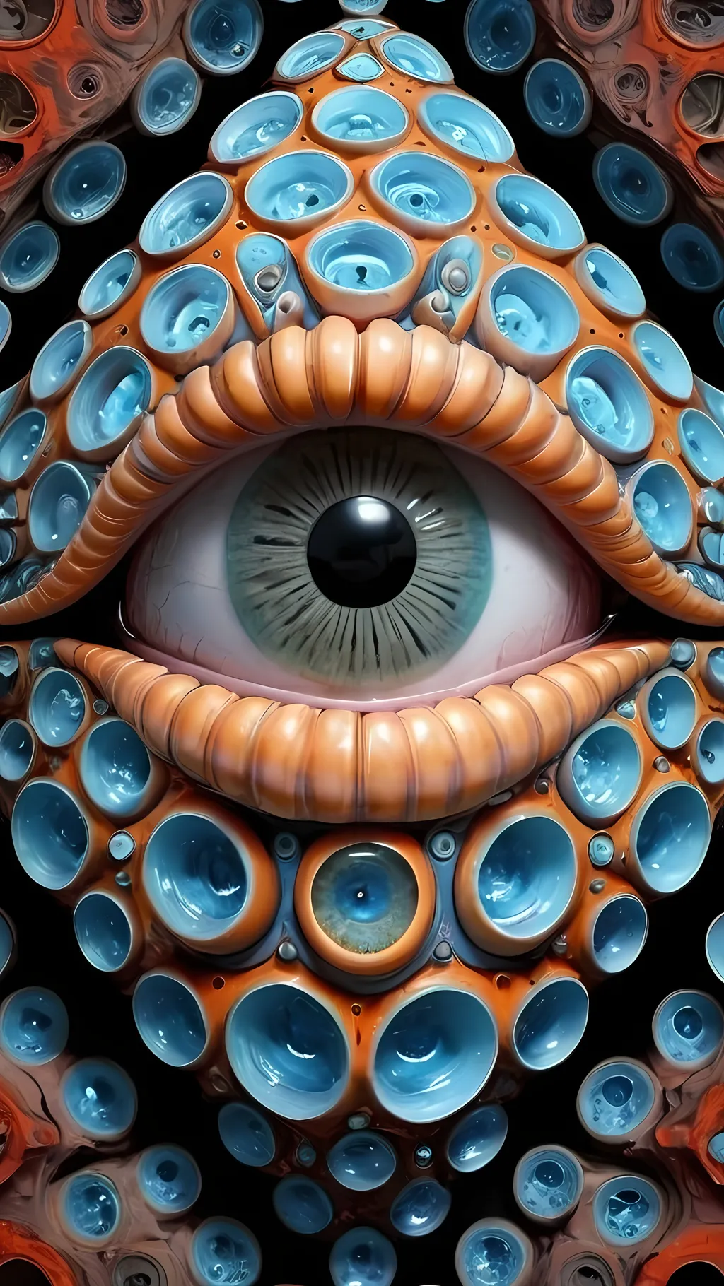 Prompt: Create an extremely hyper-realistic, ultra super textural, weird, trippy, surreal, psychedelic eyes/teeth/mouth pattern/design based on the “labyrinth fractal” & “op art tiling” with lots of human eyes (crazy colorful compound psychedelic), rows of human teeth, human lips, and tongues. 

- **Colors**: determined by the natural properties and expressions of the elements (& their isotopes), raw rough minerals, and metals:
- Aragonite
- Mangano Calcite
- Scapolite
- Larimar

**Shapes and forms**
- main form: “labyrinth fractal”
-other shapes determined by the natural properties and expressions of the elements (& their isotopes), raw rough minerals, metals, and biological organisms: 
- Aragonite
- Mangano Calcite
- Scapolite
- Larimar

- **Textures**: Derived from any/all elements (& their isotopes), minerals, metals, crystals, organic things mentioned in this prompt: 
- Aragonite
- Mangano Calcite
- Scapolite
- Larimar

**Composition and Layout**:
- a pattern/design based on “labyrinth fractal”

**Lighting**
- lots and lots of bright shining reflective light
- opalescence

**Detail and Atmosphere**:
- Extreme hyperrealistic sharp high detail high definition organic and mineral textures
- Psychedelic, weird, odd, surreal atmosphere
- Frozen in time

**Additional Elements**:
- extra rows of teeth, lips, many eyes, “labrynth fractal”
