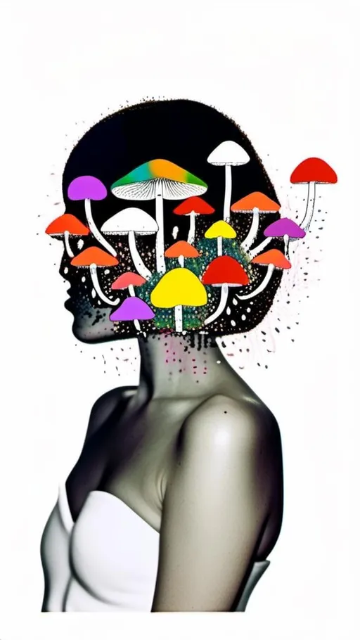 Prompt: A mixed media collage of a black and white photograph of a young woman growing all kinds of colorful multimedia psychedelic mushrooms and fungus out of her body (incorporate things like- but are not limited to - vibrant paints, enamels, glitters, metallic foils, newspaper and magazine cut paper, paint spatter, etc)<mymodel>