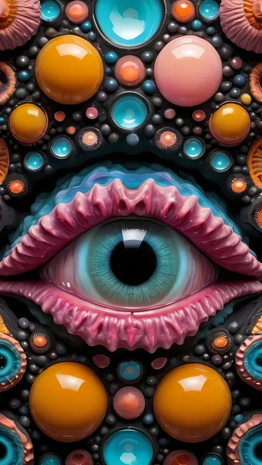 Prompt: an extremely hyper realistic ultra super textural weird trippy surreal psychedelic entity, luciferin, Gyroid Structures, translucent, matte black, druzy, geode, Neutron Star Crust, Fullerenes, bright yellows, pinks, teals and oranges, lots and lots of light, lots of crazy colorful compound psychedelic human eyes, rows of human teeth, human lips, tongues, Gyroid Structures,  quantum foam, Hydrodictyon, algae, luciferin, Fullerenes, extreme high definition organic and mineral textures