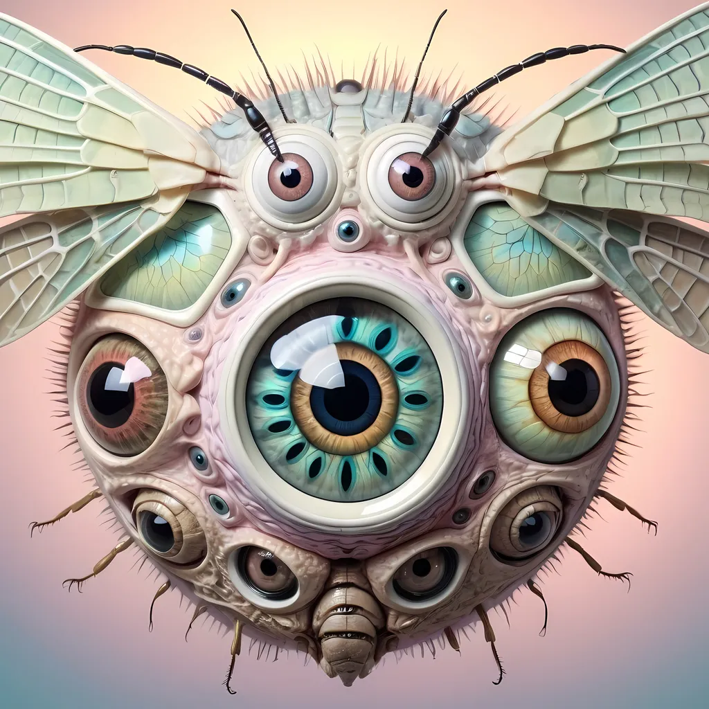 Prompt: A surreal extremely hyper realistic super textural psychedelic geometric eyeball creature with insect wings, pastel light colors,  lots of crazy trippy psychedelic human eyes, human teeth, organic and mechanical, multidimensional, weird surreal unsettling odd