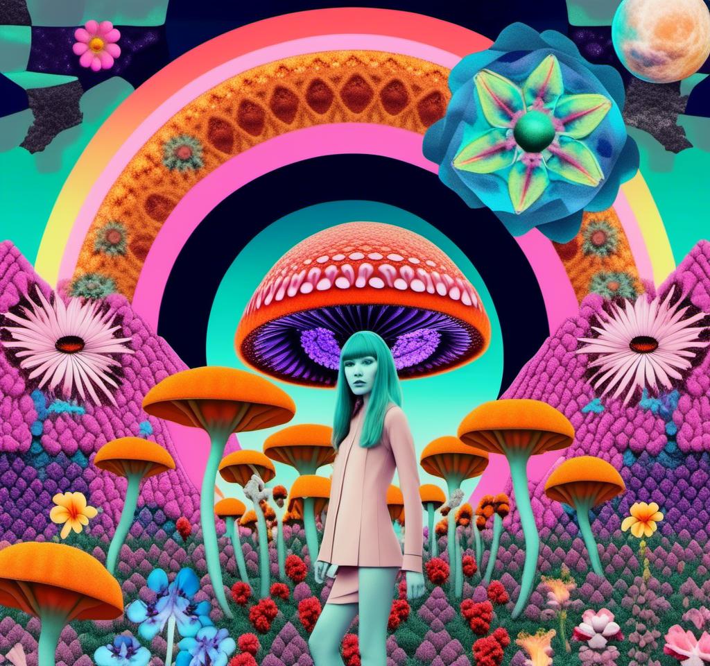 Prompt: A psychedelic collage evoking a vintage 70s sci fi feel but I stead of the sci-fi theme let’s do wildflowers. Photos and art of wildflowers spliced with things like psychedelic patterns/optical illusions, landscapes, geometry, mushrooms/fungus, insects, crystals, gemstones, the sun & moon, etc. Employ a pretty floral color pallet but keep that surreal feel in this natural organic psychedelic collage<mymodel> 