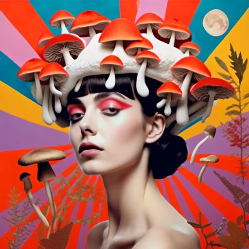 Prompt: <mymodel>Mixed media collage of a beautiful woman, mushroom headpiece, surreal atmosphere, vibrant colors, high quality, mixed media collage, surreal, vibrant colors, detailed facial features, ethereal lighting