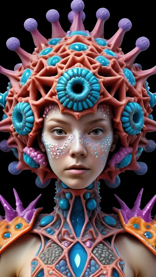 Prompt: Extremely hyperrealistic, ultra textural weird trippy psychedelic humanoid virus creature/entity queen crown jewelry cape, lots of crazy psychedelic compound human eyes, face, head, body, limbs, bright psychedelic colors, lots of light, Gyroid Structures, Moire Patterns, viruses: Viruses, virions, capsid, envelope, nucleocapsid, helical, icosahedral, spherical, filamentous, complex, polyhedral, bullet-shaped, rod-shaped, pleomorphic, enveloped, non-enveloped, spikes, glycoproteins, capsomeres, matrix proteins, lipid bilayer, surface proteins, tail fibers, head-tail structure, symmetry, size, morphology, electron microscopy, viral particles, viral structure, viral architecture, viral shapes, crystalline arrays, viral genome, RNA virus, DNA virus, segmented, non-segmented, capsid symmetry, viral envelope, tegument, viral surface, structural proteins, viral assembly, viral replication, host cell entry, viral budding, viral egress.