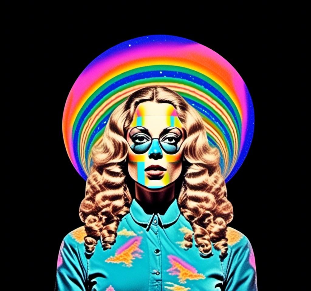 Prompt: A psychedelic collage featuring a photograph of a woman with blond curly long hair. The photo is cut and spliced with other photos and drawings of aliens, UFOs, rainbow spectrums are erupting from places, planets, stars, landscapes, and sparkles set amidst optical illusions of all kinds in geometric shapes giving an otherworldly surreal bizarre ufo alien effect to this psychedelic collage <mymodel>