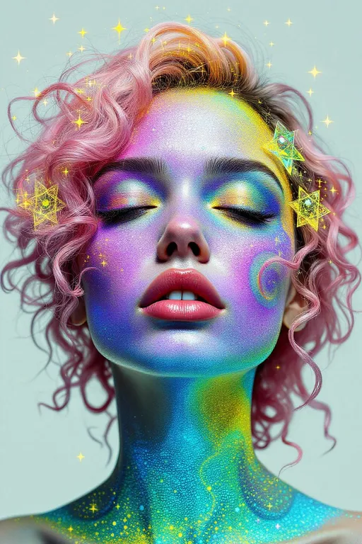 Prompt: Her face is a Fourier bloom—emotions decomposed into sparkling sine gradients, colorwaves rippling across surreal number skin. Reaction-diffusion pulses shift through her cheeks in living pigment bursts, while her eyes flicker with infinite surreal coordinates. Hair spirals in topological braids—pink curls encoded with memory and myth, glowing in nested feedback loops. Each movement triggers recursive empathy fractals—light blooming in shared feeling fields. Glyphs orbit her like sacred algorithms, each prayer-sigil spinning with harmonic syntax.

Layered behind all this, her spine glows in icosahedral resonance—twenty-faceted light humming in platonic harmony. Her body shimmers in spectral dimension: different parts glowing to different frequencies, like a living prism. Around her flickers recursive glitch transcendence—divine emergence through visual error, sacred form revealed in every malfunction. Her entire being is a coincidence field: when she laughs, the math around her aligns. When she dances, the universe recalculates.”

⸻

💎 Final Keywords:
Icosahedral spine-light, recursive glitch halo, frequency bloom skin, spectral shimmer fields, sinewave cheeks, surreal curls, Penrose echo strands, empathy fractal aura, glitch-divine emergence, sacred emotion colorbands, rainbow logic ringlets, living ink cheeks

