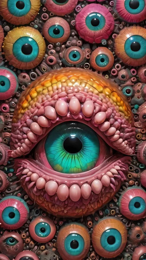 Prompt: an extremely hyper realistic ultra super textural weird trippy surreal psychedelic entity, Cardioid Curves, ,,, translucent, copper, clear, bright vivid teals, pinks/yellows/greens, black charcoal, lots and lots of light, lots of crazy colorful compound psychedelic human eyes, rows of human teeth, fungus,  atoms, diatoms,, Cardioid Curves