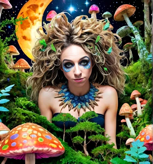 Prompt: 4k, ultra-detailed, psychedelic, trippy, bright colors, vivid, black light poster, girl with longish blond curly hair, psychedelic magic mushrooms, trippy hallucinations, optical illusions, patterns, crystals, moss, forest, moon, geometry fractals, vibrant colors, detailed hair, surreal, vibrant lighting