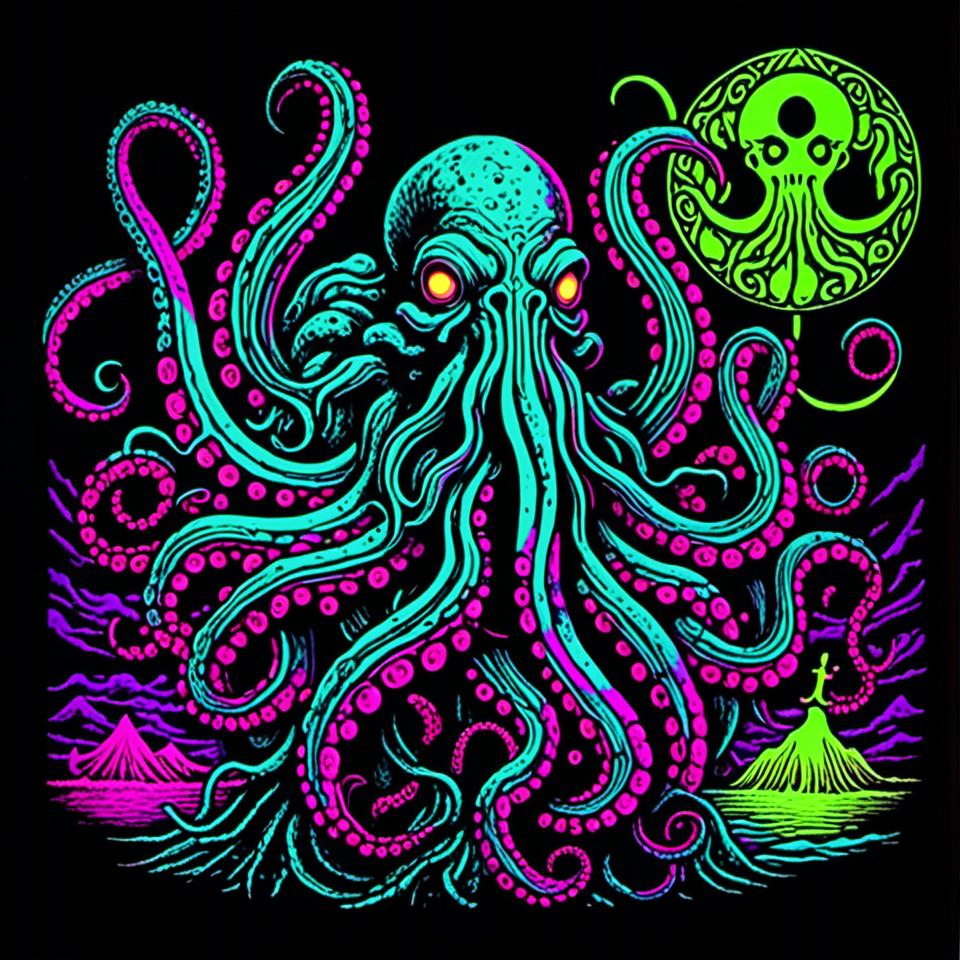 Prompt: <mymodel>Vintage 70s black light poster of Cthulhu in photorealism, Cthulhu at R'lyeh, tribal primal style, realistic tentacles, Lovecraftian horror, eerie atmosphere, intricate details, photorealistic cosmic background, high quality, detailed texture, black light art, vintage, 70s, Cthulhu, R'lyeh, tribal, primal, photorealism, Lovecraftian, eerie atmosphere, detailed, cosmic, realistic, eldritch, noneuclidean geometry, idol