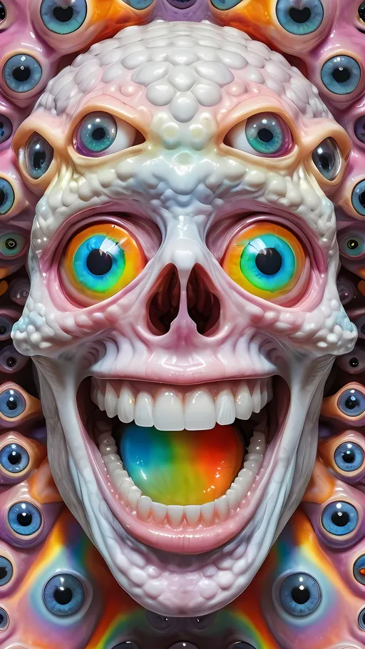 Prompt: an extremely hyper realistic ultra super textural weird trippy surreal psychedelic entity, Hyperbolic Geometry, white, translucent, clear, bright bright pastel colors, oil slick rainbow sheen effect, lots and lots of light, lots of crazy colorful compound psychedelic human eyes, rows of human teeth, fungus, atoms, diatoms, Hyperbolic Geometry