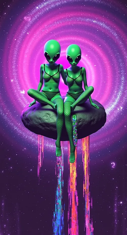 Prompt: Create an image of two female aliens with green skin, conical shaped bald heads, and large solid black almond shaped eyes, lounging on a small cratered extremely finely textured asteroid. They are wearing fishnet stockings and tight, shiny crop tops, tank tops. The asteroid is floating above a swirling black hole, casting a mysterious glow. The scene is filled with intense digital noise and glitch effects, including pixelated distortions, color shifts, and fragmented visuals that create a chaotic, yet mesmerizing atmosphere. The aliens appear relaxed, gazing into the cosmic abyss, their expressions a mix of curiosity and mischief, while the glitches add a dynamic, otherworldly energy to the scene.