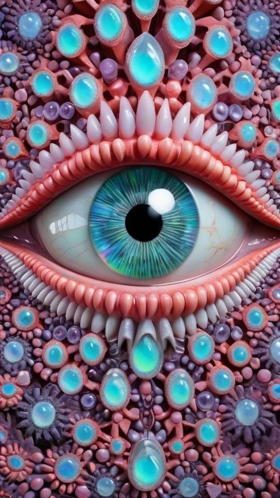 Prompt: Create an extremely hyper-realistic, ultra super textural, weird, trippy, surreal, psychedelic eyes/teeth/mouth pattern/design based on Mandelbrot & “Op Art tiling” with lots of human eyes (crazy colorful compound psychedelic), rows of human teeth, human lips, and tongues. 

- **Colors**: determined by the properties and expressions of the elements (& their isotopes), minerals, and metals: opal, moonstone, Kunzite, selenite, rose quartz, Platinum (Pt)

**Shapes and forms**
- Mandelbrot 
- "Op Art tiling" 
-other shapes determined by the natural properties and expressions of the elements (& their isotopes), minerals, metals, and biological organisms: opal, moonstone, Kunzite, selenite, rose quartz,  Platinum (Pt)


- **Textures**: Derived from any/all elements (& their isotopes), minerals, metals, crystals, organic things mentioned in this prompt: opal, moonstone, Kunzite, selenite, rose quartz, Platinum (Pt)

**Composition and Layout**:
- a pattern/design based on the Op Art tiling & Mandelbrot 

**Lighting**:
- lots of bright light
- Iridescence
- Aventurescence
- Chatoyancy
- Asterism

**Detail and Atmosphere**:
- Extreme hyperrealistic sharp high detail high definition organic and mineral textures
- Psychedelic, weird, odd, surreal atmosphere
- Frozen in time

**Additional Elements**:
- extra rows of teeth, lips, many eyes, Op Art tiling, Mandelbrot, Iridescence
