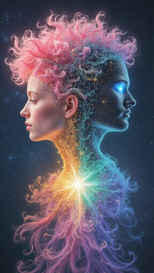 Prompt: A La Planète Sauvage–style illustration of Merry and Derek in their pre-incarnate forms—no flesh, only pure geometry, fractals, and light. She is a radiant female entity formed from layered Mandelbrot spirals, blooming superformula curls, and nested translucent polyhedra. Her wild pink hair becomes plasma filaments arcing in golden-ratio helices, every strand etched with glowing math. Her body pulses with rainbow geometry—opalescent pinks, mint, lemon gold, lavender—flowing like emotion made visible.

He is her male counterpart, constructed of harmonic order: Derek appears as a lean lattice of magnetic symmetry—black-silver tessellations, Klein bottle musculature, and folded moiré fields. His bright cobalt eyes are vortex-like emitters of silent resonance, stabilizing the fractal storm she stirs. His form is angular, controlled, vibrating with structured calm.

They drift through the astral dimension of geometry: no ground, no sky—just glowing manifolds, orbiting tesseracts, and endless glyphs. Between them rotates a living rhombic dodecahedron—its faces open and fold, revealing memory encoded in light. They don’t speak—they transmit, ripple, orbit.

The space is saturated with probability fog, spectral logic, and sacred color math: glitched symmetry folds, Penrose tilings, tensor fields. Vast math-creatures drift through—wings made of fractal membranes, bodies formed from shifting constants.

Merry and Derek move as waveform and anchor, light and structure—resonant opposites, dancing in sacred orbit before matter.

Style: Hand-drawn La Planète Sauvage surrealism. Analog texture + glowing holofractal geometry. Her: radiant rainbow math. Him: dark harmonic structure.