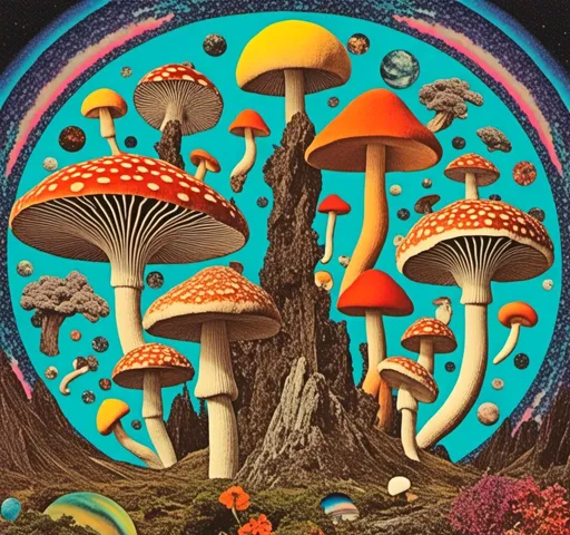 Prompt: <mymodel>Retro psychedelic collage of vibrant, 70s-inspired fungus, mushrooms, vibrant colors and patterns, surreal collage cut and paste composition, landscapes, trippy patterns, optical illusions, planets vintage analog texture, high quality, retro, psychedelic, vibrant colors, surreal, vintage, analog texture, detailed patterns, artistic