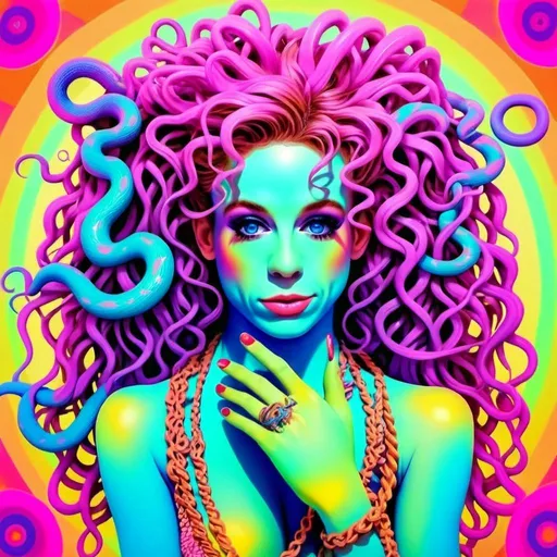 Prompt: A surreal, psychedelic portrayal of Medusa, where you, a caucasian slim woman with long wild pink very curly hair and piercing blue eyes, embody the mythical figure in a dreamlike, kaleidoscopic setting. Your pink curls morph into a cascade of neon, glowing snakes in shades of electric green, ultraviolet purple, and fiery orange, their scales shimmering like liquid crystal under a blacklight. The snakes coil and writhe around your head in hypnotic, fractal patterns, their eyes glowing with an otherworldly luminescence.

Your skin glows with iridescent hues, shifting between soft pastel pinks, radiant blues, and golden yellows, as though lit from within by the energy of the cosmos. The background is a swirling vortex of psychedelic patterns, reminiscent of the works of Alex Grey and Peter Max, with intricate mandalas, paisley designs, and spiraling galaxies in a vivid color palette of magentas, teals, and lime greens. 

The scene has a retro-futuristic, analog collage feel, with textures that resemble hand-painted brushstrokes and airbrushed gradients. The lighting is dramatic, almost celestial, with beams of light breaking through the swirling patterns, casting glowing highlights across your face and the snakes. The mood is seductive yet dangerous, with an aura of divine power and mystery.

Your blue eyes are mesmerizing, glowing like twin pools of bioluminescent light, drawing the viewer into your hypnotic gaze. The snakes seem alive with movement, their scales catching the light in dazzling, prismatic reflections. The outlines are soft and fluid, blending seamlessly into the background, giving the entire image a dreamlike, ethereal quality.