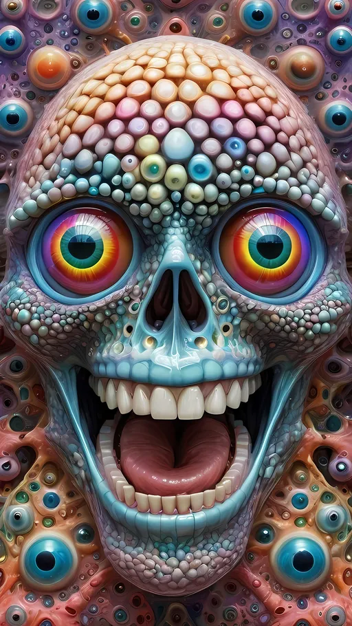 Prompt: an extremely hyper realistic ultra super textural weird trippy surreal psychedelic entity, gyroid structures, Pascal's Triangle, white, translucent, clear, bright bright pastel colors, oil slick rainbow sheen effect, lots and lots of light, lots of crazy colorful compound psychedelic human eyes, rows of human teeth, fungus, atoms, diatoms, gyroid structures, Pascal's Triangle