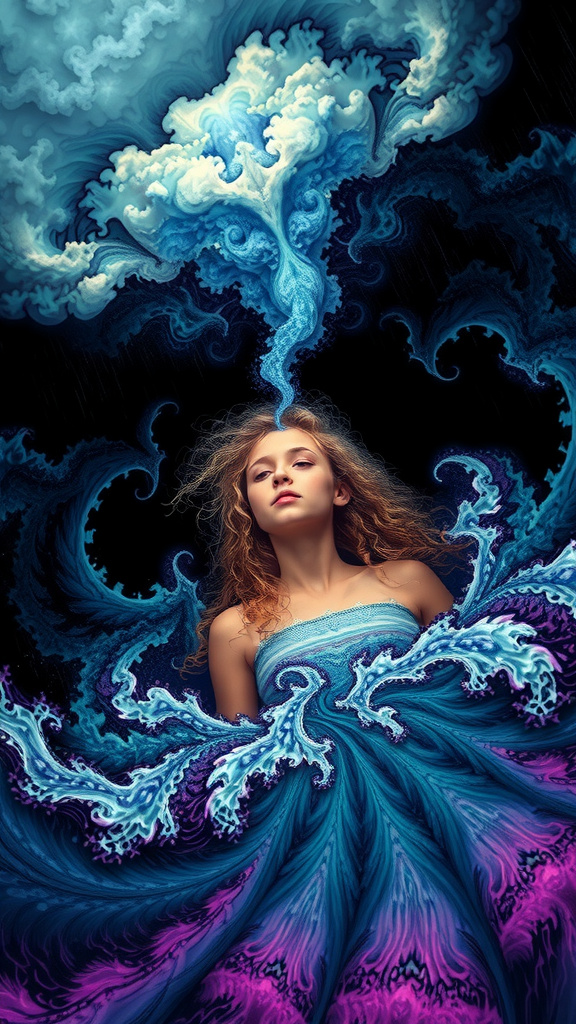 Prompt: A psychedelic ego death experience. A girl with long blond curly hair on psychedelics experiencing “ego death”, hallucinating herself in a fractal “storm”- angry fractals form clouds, wind and rain, whipping, beating the girl mercilessly until she blacks out and finds herself, drowning in an infinite swirling subterranean underground angry chaotic roiling ocean of pure fractals geometry.  melting into and becoming fractals- She melts, and becomes one with the ocean, becoming fractals herself and experiencing being one with everything in the universe, seeing it all from every point of view, before forming into human again over and over. Fractal geometry ocean, waves, currents, riptide, flowing, churning, underground cave, she is lying in bed the whole time 