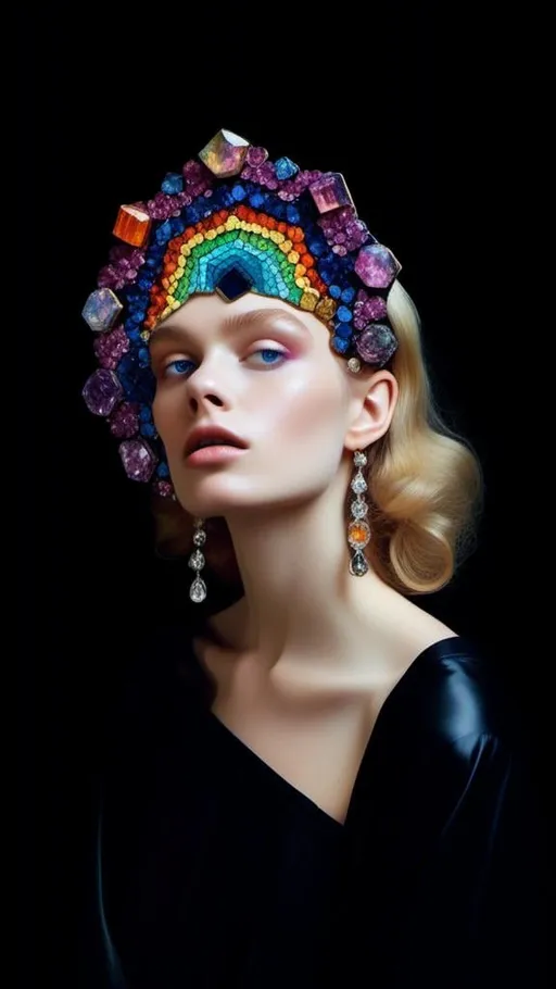 Prompt: <mymodel>Blonde woman with long curly hair, giant gem set eyes, psychedelic hallucination, rainbow fractals, geometry, inlaid precious gemstones, crystals, high quality, surreal, gemstone mosaic, detailed hair, vibrant colors, hallucinatory atmosphere, mesmerizing, otherworldly, natural lighting