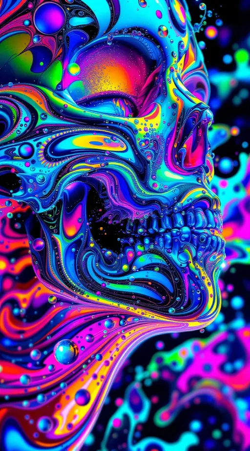 Prompt: A maximalist acidic-psychedelic construct shimmering with oil-slick prisms and soap-bubble diffraction, bathed in ultraviolet chromes and radioactive neons. Every surface refracts like dragonfly wings, rippling in impossible gradients. Anatomy is here—but bent, broken, recursive, refusing to stabilize.

A ribcage spirals into itself like a Möbius loop, ribs fractalizing into Fibonacci spirals that braid into lattices of bone and light. The sternum splits into Penrose tiles, folding paradoxically inward and outward, both convex and concave at once. Veins thread into Mandelbrot trees, each capillary splitting infinitely into smaller and smaller vascular infinities, glowing cobalt and magenta like electric rivers.

Skin is no longer skin but a Klein-bottle membrane stretched over contradiction, painted with iridescent fractal optics. Pores open into infinite mouths, each lip blooming into smaller lips, each tongue sprouting eyes that look back at themselves. Cheekbones inscribe Gödel glyphs that loop into unsolvable proofs. Foreheads split into Escher staircases of flesh, each step tiled with eyes that blink open and shut asynchronously.

The chest houses paradox: a heart that beats and does not beat, pulsing with ζ(s) waves, Euler chrome inscriptions across its surface. Lungs fracture into Sierpinski triangles, inhaling and exhaling infinite recursion. Organs shimmer as transparent glass, filled with kaleidoscopic prisms refracting rainbows into themselves.

Hair is a storm of fractal tendrils, Möbius curls and Fibonacci coils, weaving into galaxies of nested faces and eyes. Each curl contains another curl, each strand an ouroboros of lips