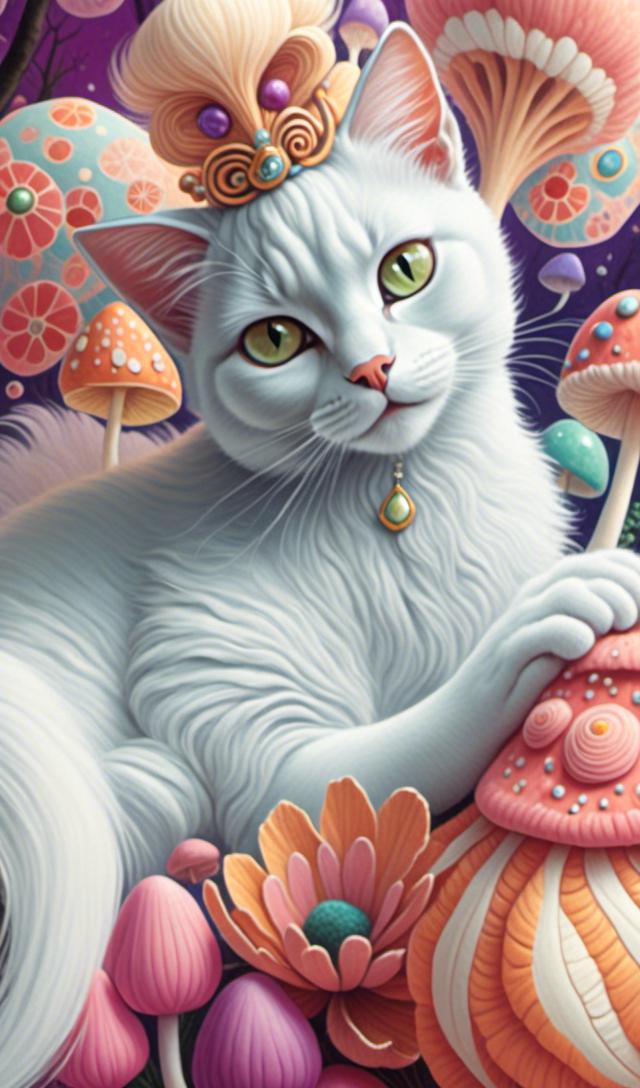 Prompt: <mymodel>White cat princess with flowers and mushrooms, digital painting, pastel colors, fantasy, detailed fur with soft highlights, elegant and regal posture, magical forest setting, high quality, fantasy, digital painting, pastel colors, princess, elegant, detailed fur, magical, regal, flowers, mushrooms, fantasy setting, high quality