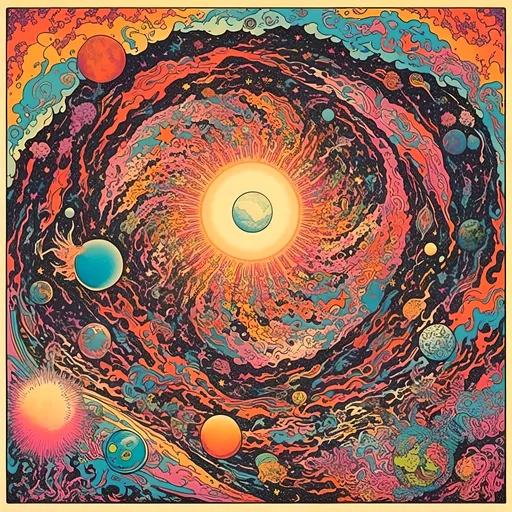 Prompt: <mymodel>Psychedelic illustration of the creation of the universe, stars and planets forming, vibrant colors, swirling nebulas, galaxies coming into existence, high-quality, surreal, cosmic, vibrant colors, swirling patterns, detailed celestial bodies, psychedelic lighting