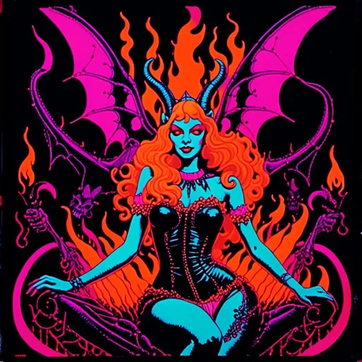 Prompt: <mymodel>Vintage 70s black light poster art of a succubus demoness, latex suit, dancing in pink and orange hued flames of hell, rockabilly pop punk style, vibrant colors, psychedelic, detailed figure, retro vibes, atmospheric lighting, highres, 70s vintage, demoness, latex, flames, rockabilly, pop punk, vibrant colors, psychedelic, retro, detailed, atmospheric lighting