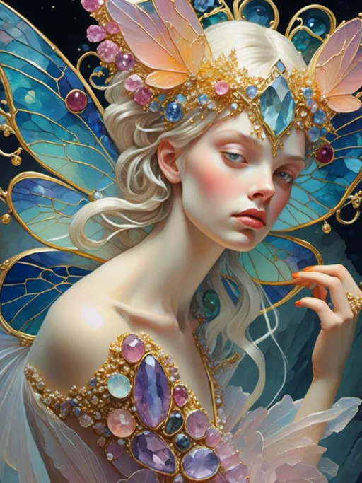 Prompt: <mymodel>Fairies crafted from gemstones, sparkling and ethereal, magical aura, high quality, detailed, fantasy, jewel-like textures, radiant glow, surreal, enchanting, pastel tones, soft and luminous lighting, ultra-detailed, mystical beings, shimmering wings, intricate design, whimsical, dreamlike