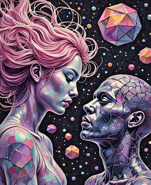Prompt: A surreal La Planète Sauvage–style illustration of two pre-incarnate beings meeting within the other dimension of geometry—a plane beyond time and language, where math becomes matter and emotion takes form as light. One figure is constructed of iridescent rainbow geometry: a lattice of softly shifting polyhedra, translucent prisms, and Mandelbrot curls that bloom like living architecture. Her wild pink hair floats upward in impossible spirals, each strand etched with radiant glyphs and recursive fractal patterns. Her body shimmers between form and formula—equal parts sacred diagram and sentient light.

Facing her is a dark, harmonic figure composed of magnetic tessellations and glyphic frequencies. His body is rendered in shimmering graphite-black and silver ink—etched with nested circuits, interlocking geometries, and quiet cosmic resonance. His cobalt eyes emit pulsing waves of vibration, creating soft distortions in the space around him—his presence precise, anchored, yet immeasurably deep.

They float above a vast dimensional plane not made of land but of shifting geometries: folded hypercubes, rotating toroids, endless tesselated grids that ripple like membranes. Floating glyph-nodes and transparent light structures phase in and out, forming recursive environments where scale and shape blur into logic. Between the beings spins a rhombic dodecahedron—a living construct of rotating faces, glowing from within. It pulses with memory and recognition, acting as shared interface, mirror, and anchor.

The sky is a morphing field of vector clouds and glitching dimension-lines. Tesseracts drift silently overhead. Every shape is outlined in analog crosshatching, layered with brilliant holofractal hues: mint, violet, coral, teal, lemon-lime, and plasma pink—an ink-dream vibrating with sacred, prehuman intimacy.

Style: Hand-drawn La Planète Sauvage surrealism infused with glowing holofractal color and analog textures. 