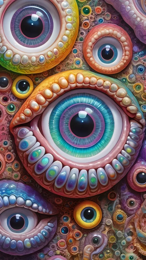 Prompt: an extremely hyper realistic ultra super textural weird trippy surreal psychedelic entity, Phyllotactic Spirals, white, translucent, clear, bright bright pastel colors, oil slick rainbow sheen effect, lots and lots of light, lots of crazy colorful compound psychedelic human eyes, rows of human teeth, fungus, atoms, diatoms, Phyllotactic Spirals