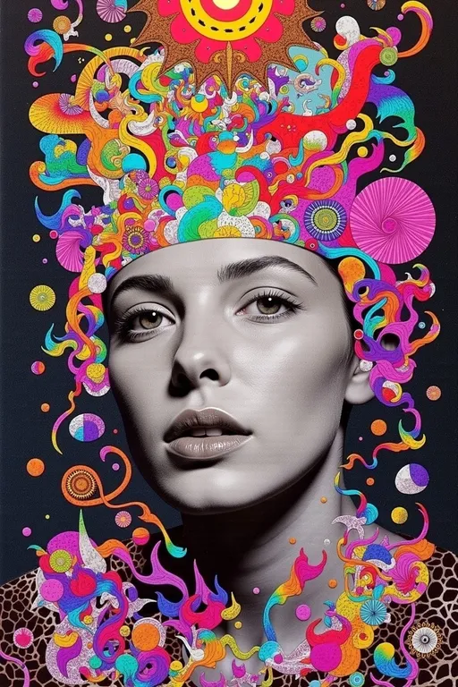 Prompt: A surreal, psychedelic face with a glowing third eye centered on the forehead, surrounded by impossible geometries and recursive structures. Her skin is covered in Newton fractal patterns and holographic tessellations that shift color like iridescent foil. The background and hair dissolve into Escher-style interlocking staircases, Penrose cubes, and Möbius loops twisting through hyperbolic space. The central third eye radiates electric tendrils of fractal energy, echoing the Droste effect as the entire face folds in on itself, blending hallucination, sacred geometry, and optical illusion. Rendered in vibrant rainbow-neon tones with a shimmering, holographic-glitch aesthetic.
