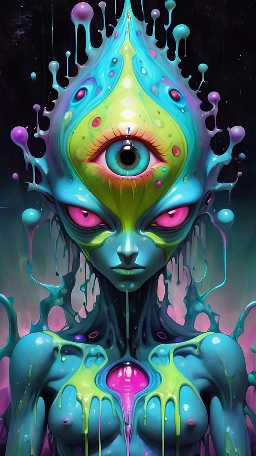 Prompt: Surreal psychedelic creature, entity, crazy inhuman eyes, multidimensional, fractal, noneuclidien geometries geometric shapes tesseracts, melting, drips, hyper dimensional, drippy, aura, alien, extraterrestrial, extra dimensional,bizarre, ineffable, numinous, counsciousness, strange, unnerving but beautiful, 