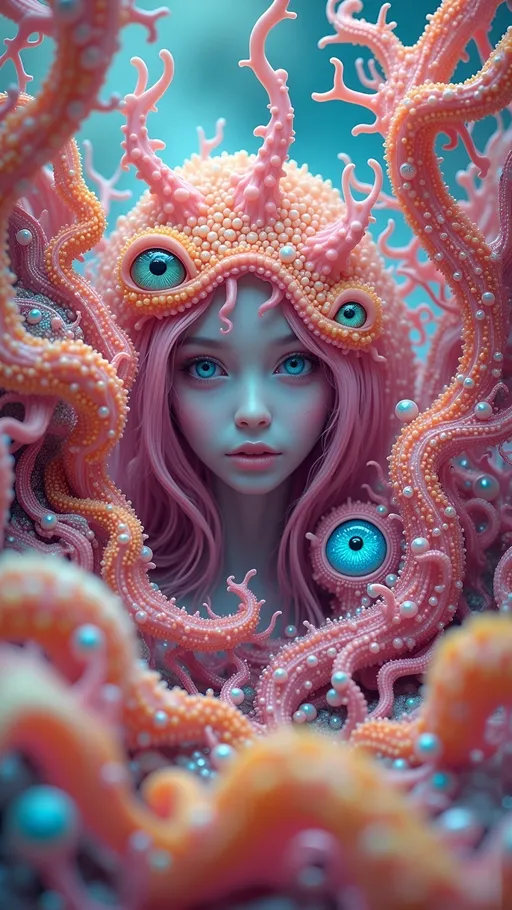 Prompt: Create an enchanting and surreal landscape featuring slime molds at various stages of reproduction, magnified to a macro scale that reveals their intricate beauty. The scene is a kaleidoscope of vibrant pastel pinks, oranges, and aquamarine blues, echoing a retro psychedelic aesthetic. Nestled within this organic tapestry is a caucasian slim woman with long wild pink very curly hair and blue eyes, her form subtly integrated into the landscape, as if she is part of the natural cycle. Her eyes, a striking blue, gaze out from amidst the undulating forms of the slime molds, which twist and coil around her like living jewelry.

The style is reminiscent of a combination of Ernst Haeckel's scientific illustrations and the psychedelic art movement, with a focus on hyper-realistic detailing that captures the delicate textures and translucent qualities of the slime molds. The medium appears to be a digital painting, with a high level of detail that brings the surreal forms to life. The mood is otherworldly and contemplative, inviting viewers to explore the hidden beauty of these often-overlooked organisms. The lighting is soft and ethereal, casting gentle highlights and shadows that enhance the organic forms and create a sense of depth. The outlines are fluid and organic, blending seamlessly into the background, creating a harmonious and immersive scene.