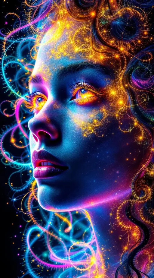 Prompt: 
A vividly bright, ethereal female face emerging entirely from pure fractal light—her features formed by recursive Julia set geometry and glowing with self-similar radiant structures. No skin, no matter—only contour and expression sculpted in saturated, prismatic light flows. Her long curly hair unravels into infinite helices of Mandelbrot spirals and kaleidoscopic filaments, each strand a nested fractal, flickering with phase-shifting spectral hues. The entire head floats in a soft, airy non-Euclidean space, where dimensional folds refract and echo her presence. Her gaze emanates through luminous symmetry, as though her identity is a conscious attractor born from mathematical recursion.