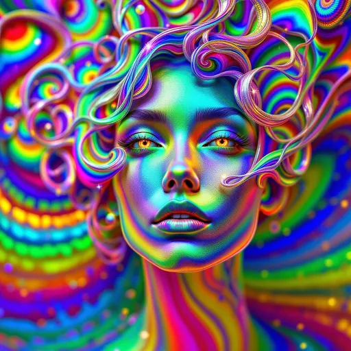 Prompt: A humanoid female face composed entirely of infinitely recursive, hyper-saturated rainbow light—no skin, no substance, only pure geometric shimmer. Her facial structure emerges from endlessly folding Hilbert curves, Penrose tilings, and Sierpinski layers that cascade through Möbius twists and Klein bottle folds. Her “flesh” is a fractalized lattice of microfacet glints and soap-bubble thin-film membranes, each one reflecting chaotic interference bands in prismatic gloss. Moiré ripples drift across her brow in nested sinewave grids. Her eyes are blackhole-vortex pupils rimmed with diffraction halos and glyphs encoded in toroidal phase spirals. Cantor dust sparkles scatter across her form like recursive stardust, while her lips glint with spectral caustics and spirographic dispersion.

Her hair flows as tangled rainbow filament—each strand a nested Chladni figure wrapped in glowing Lissajous paths, bursting into diffraction loops and anisotropic shimmer. Across her cheekbones, reaction-diffusion face sigils bloom in morphogenic symmetry—zebra-stripe and leopard-spot hybrids rendered in neon flame, self-organizing across warped topology. Her entire form radiates recursive light, vibrating in nested frequencies.

She does not speak—she resonates. Her voice is cymatics made visible: every word erupts as standing-wave geometries suspended midair—circular node mandalas, echoing interference blossoms, and ultraviolet resonance rings that hang like singing halos. Sound becomes light—Chladni pulses ripple out in rainbow explosions, each syllable frozen in crystalline pattern.

She floats in volumetric god rays cutting through fractal haze, suspended in hyperbolic light geometry. The air hums with spectral recursion and glittering entanglement—a divine equation in maximalist rainbow math, eternally speaking light.